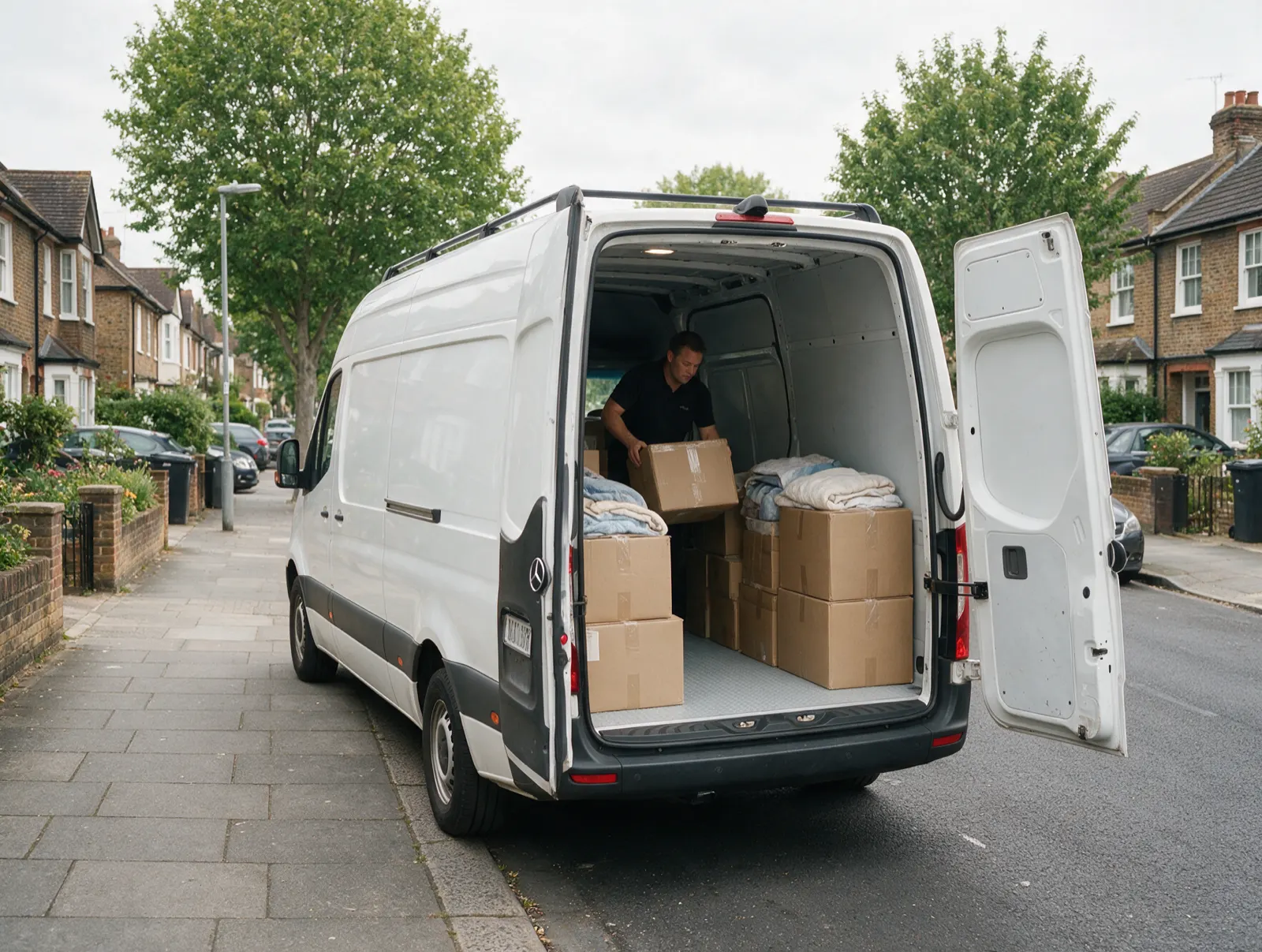 Loading boxes into the back of a white Sprinter van