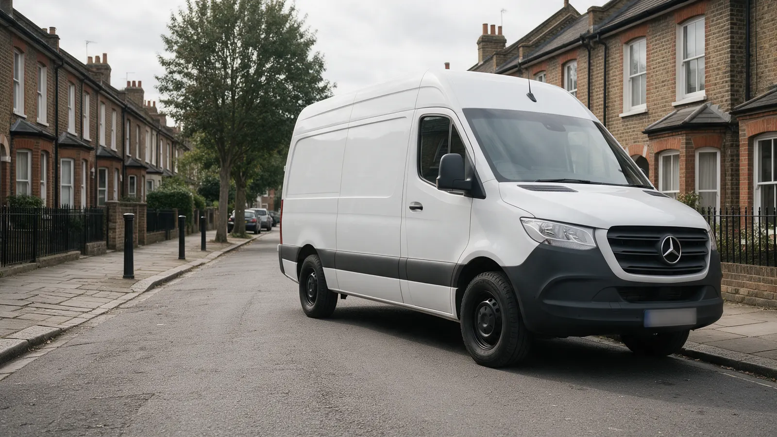 White Mercedes-Benz Sprinter panel van parked on a London street