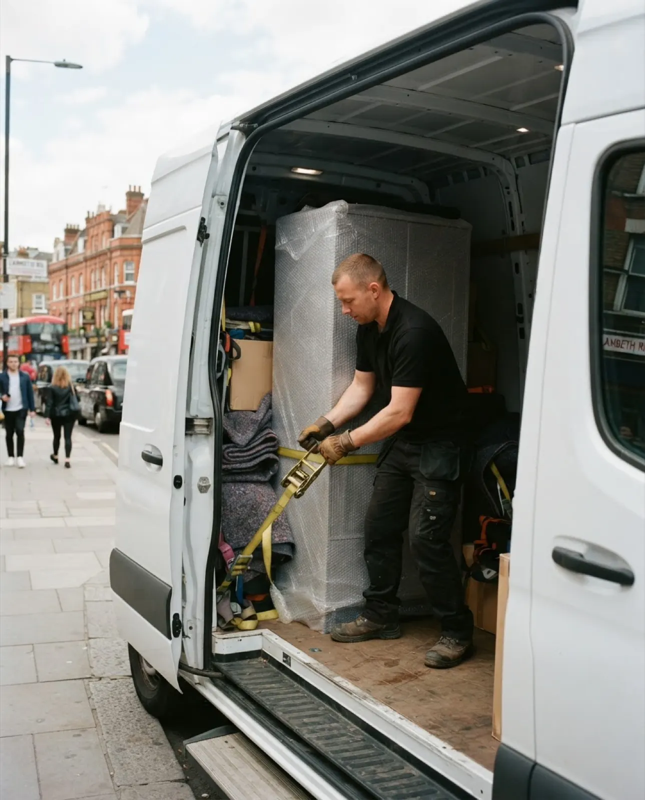 Furniture strapped inside a white Sprinter van