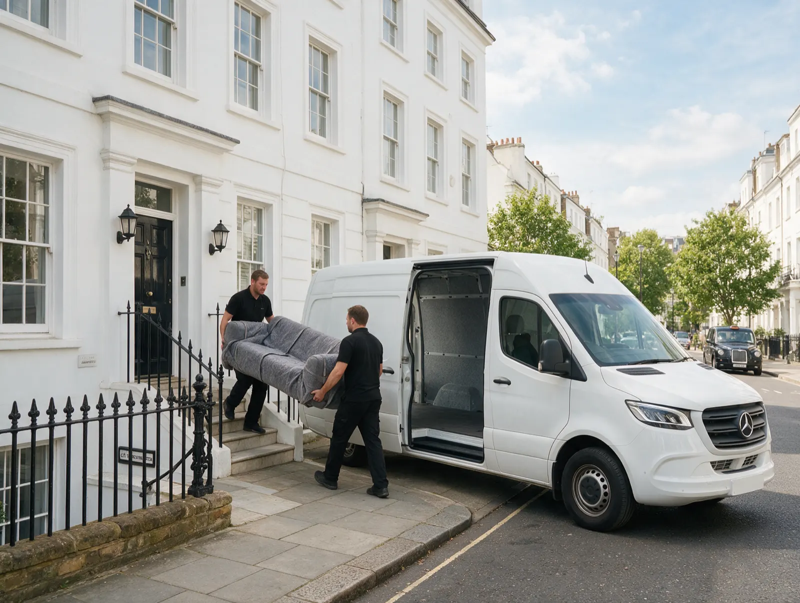 Movers carrying a sofa to a white Sprinter van outside a London townhouse